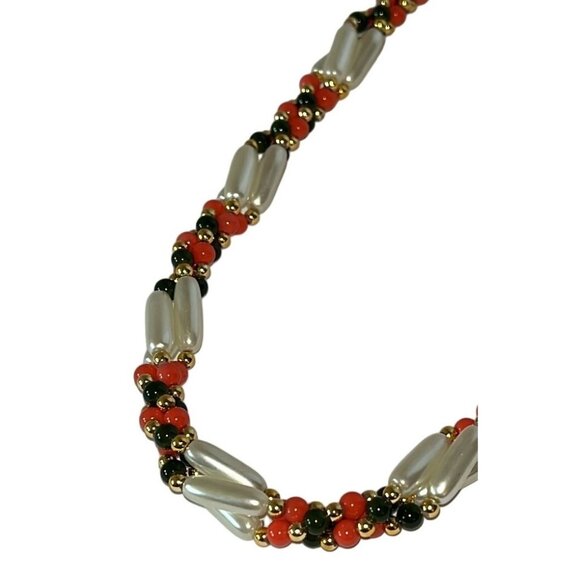 Vtg Retro Handmade Twisted Orange Black Gold Faux Pearl 17" Necklace - Picture 5 of 5